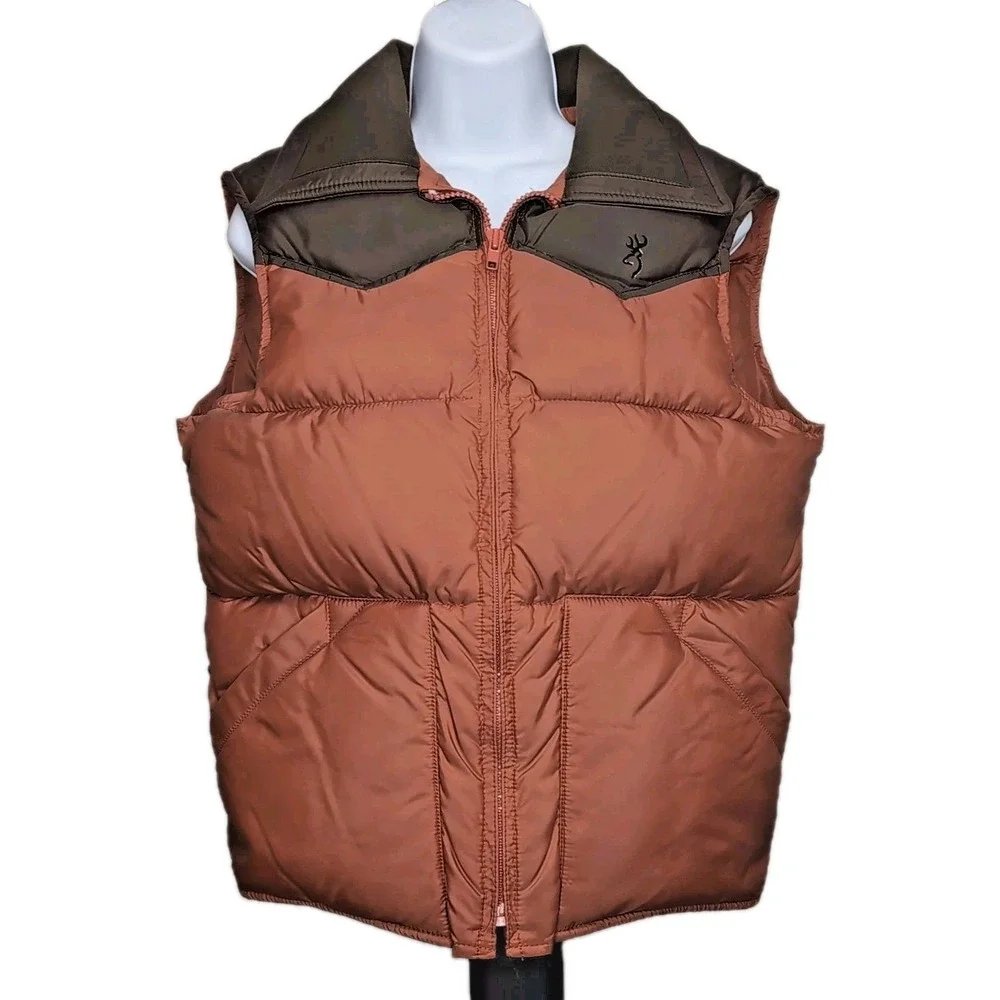 Vtg Browning Down Vest Mens Size Small Brown Puffer Hunting Washable Made in USA